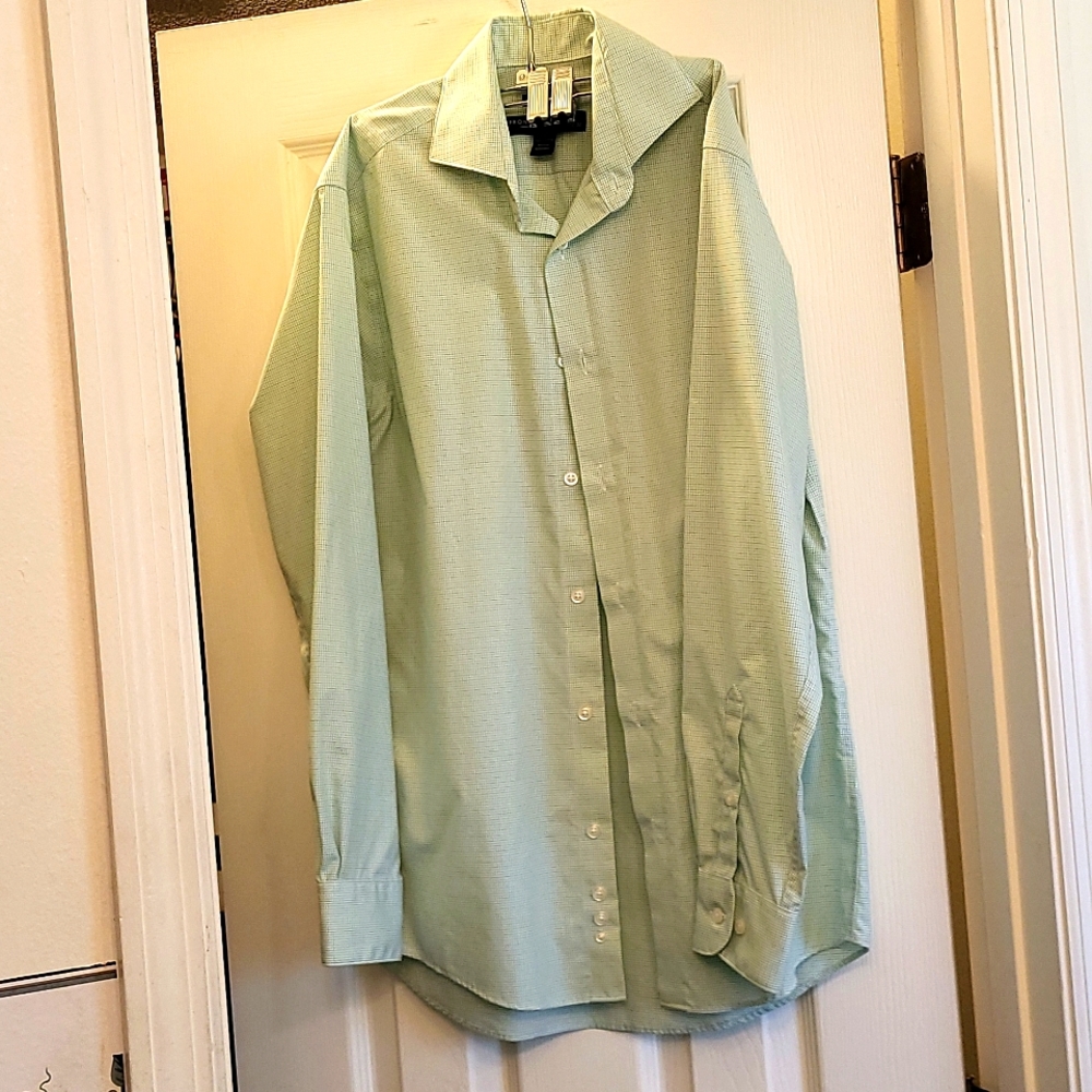 Pronto uomo slim fit button down green shirt neck sz 15 1/2. 32/33